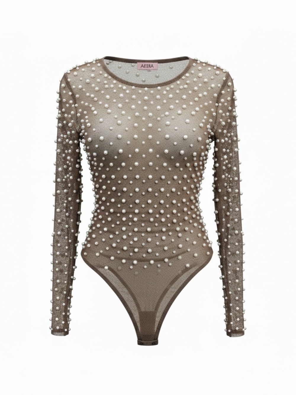 AKIRA NWT Taupe Pearl-Embellished Sheer Sleeve one piece top
